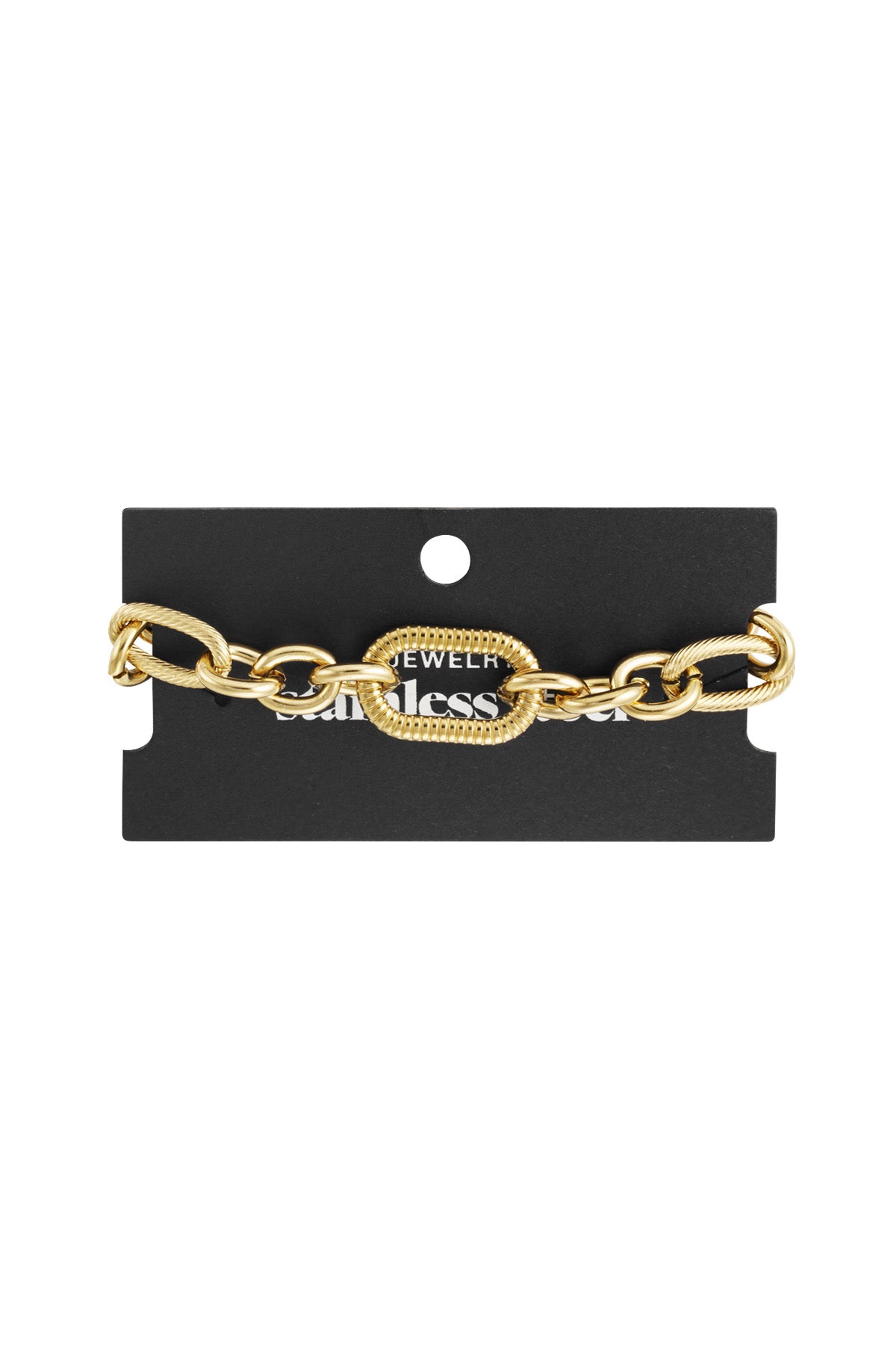 Gold textured link chain bracelet displayed on black branded card