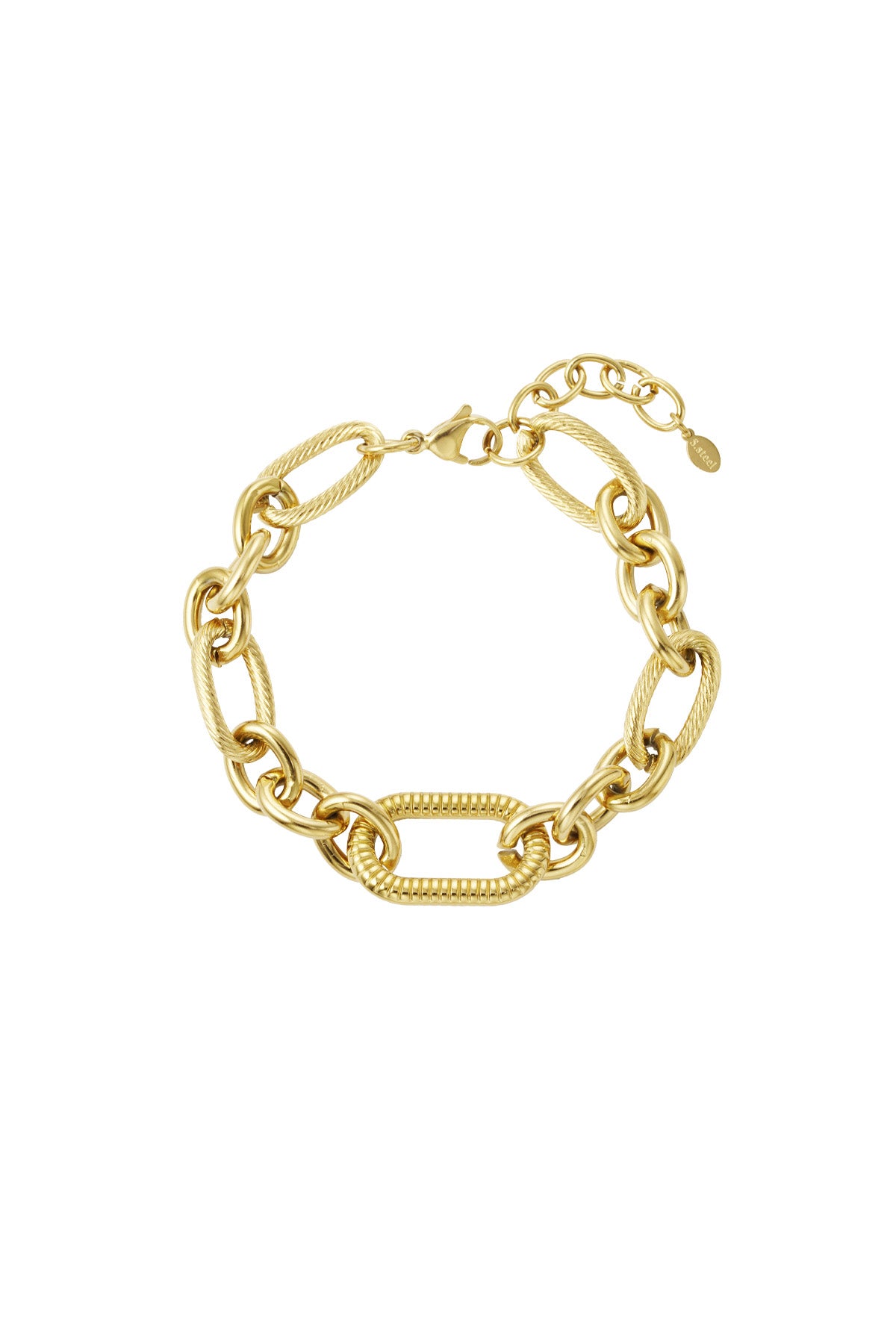 Gold textured link chain bracelet with alternating smooth and ribbed links laid flat