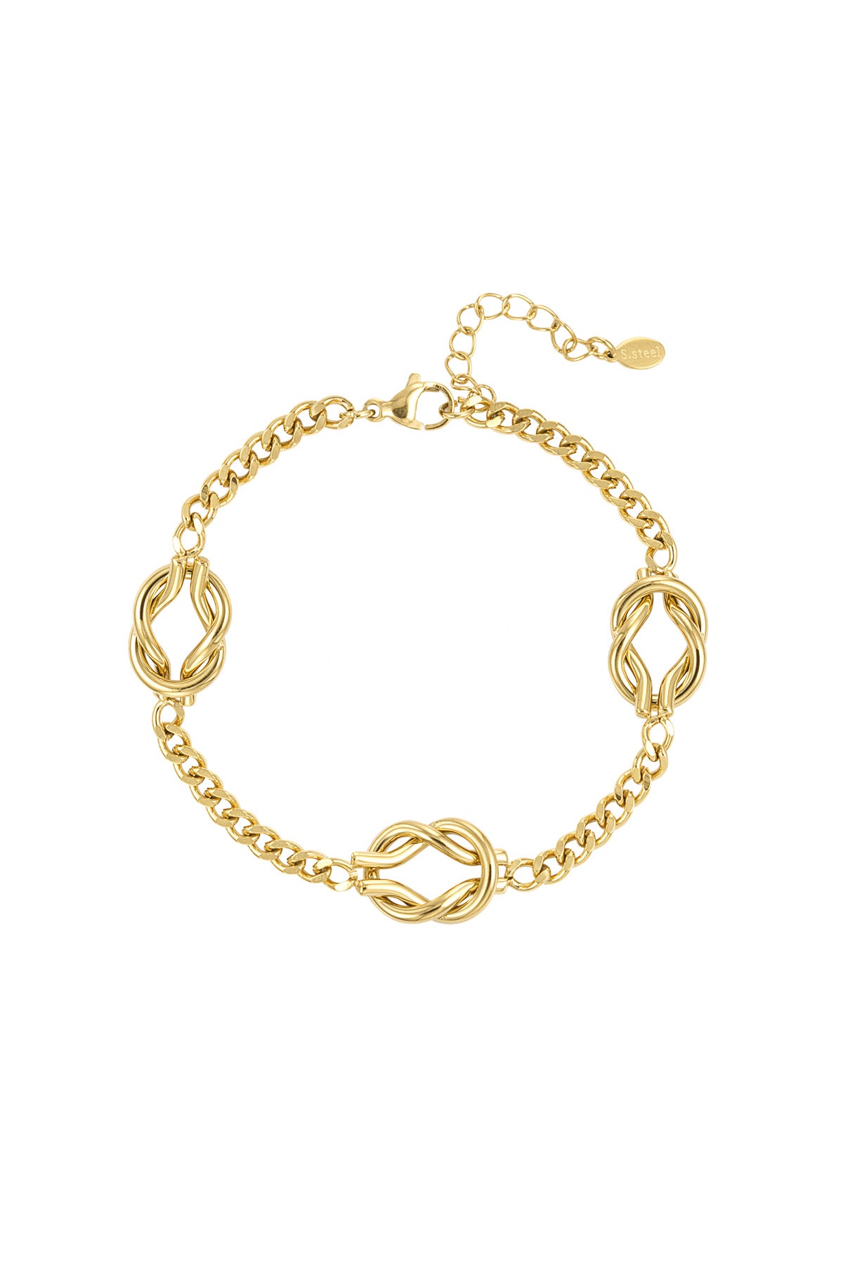 Close-up of a gold stainless steel bracelet with three twisted knot charms and adjustable chain clasp on white background