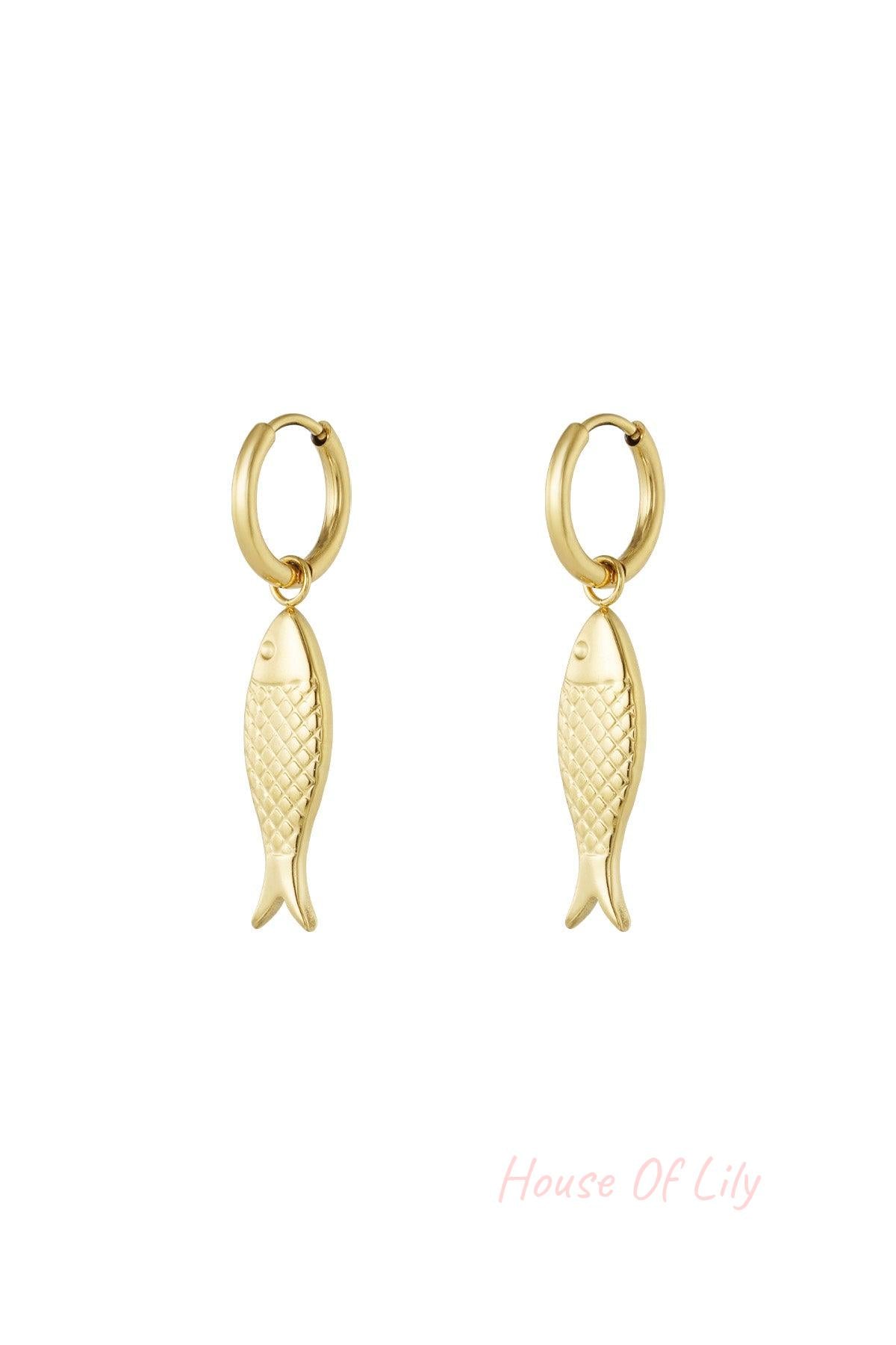 Pair of gold fish-shaped drop earrings with textured scales on small hoops