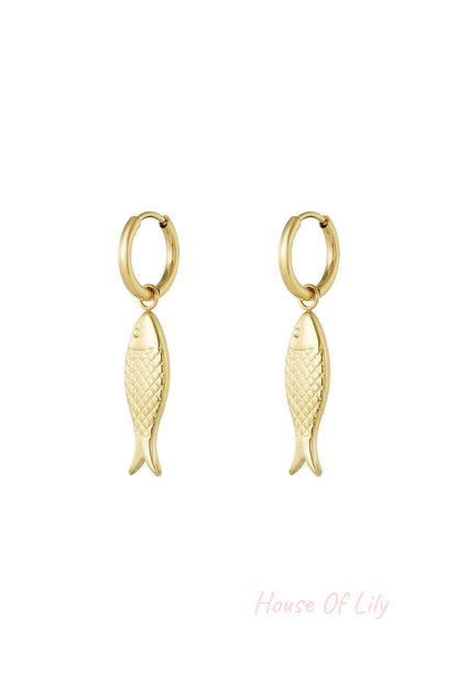 Pair of gold fish-shaped drop earrings with textured scales on small hoops