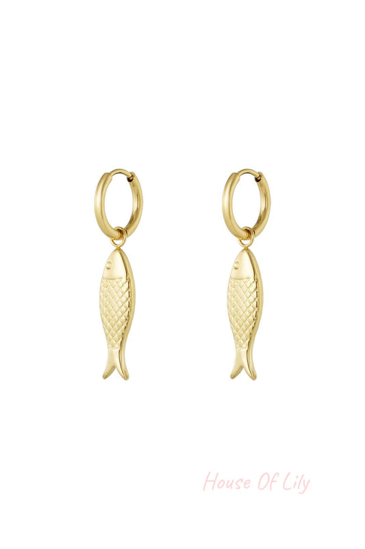 Pair of gold fish-shaped drop earrings with textured scales on small hoops