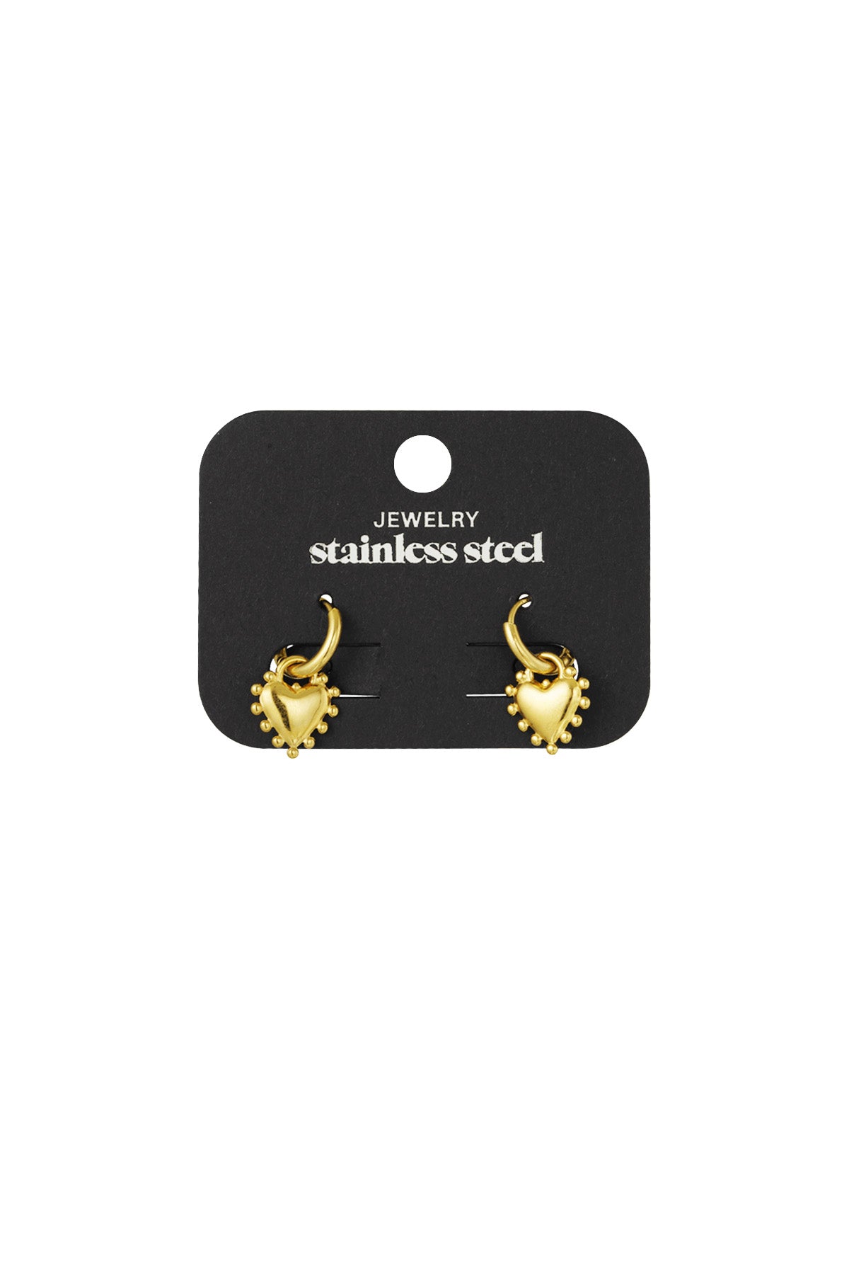 Gold heart charm hoop earrings displayed on a black card labelled stainless steel jewelry