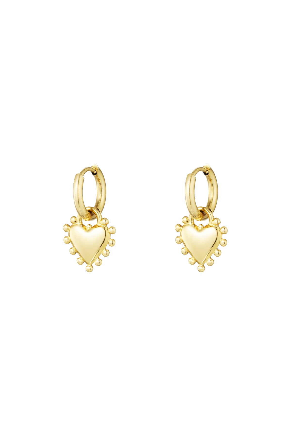 Pair of gold heart charm hoop earrings with beaded edge detail