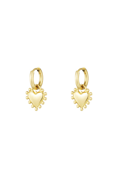 Pair of gold heart charm hoop earrings with beaded edge detail