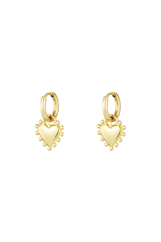 Pair of gold heart charm hoop earrings with beaded edge detail
