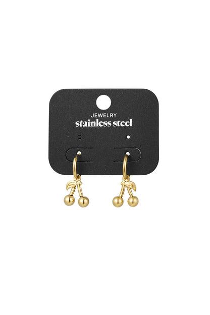 Gold cherry hoop earrings displayed on a black card with 'stainless steel' branding