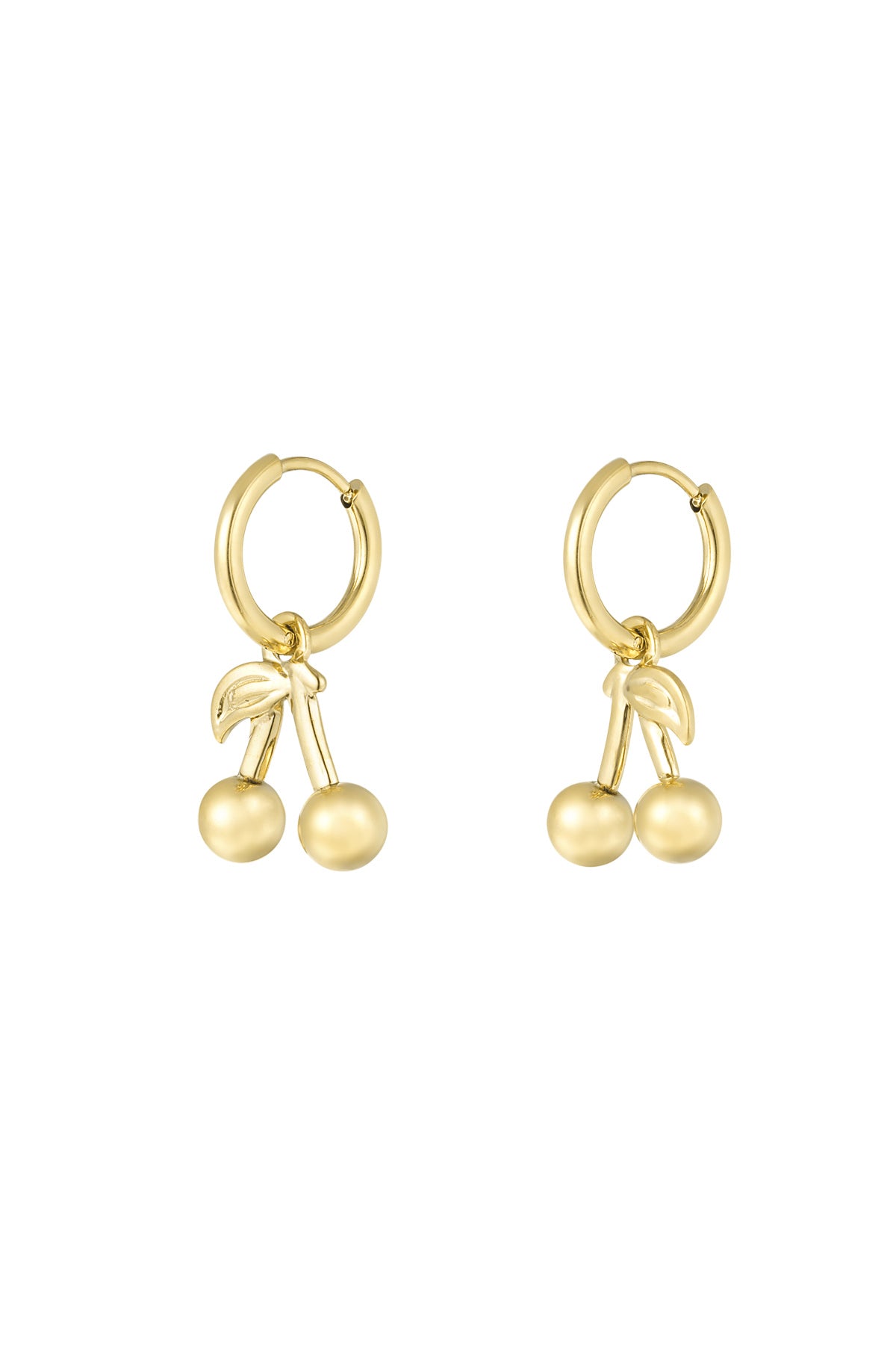 Gold-tone hoop earrings with cherry-shaped dangling charms made of stainless steel