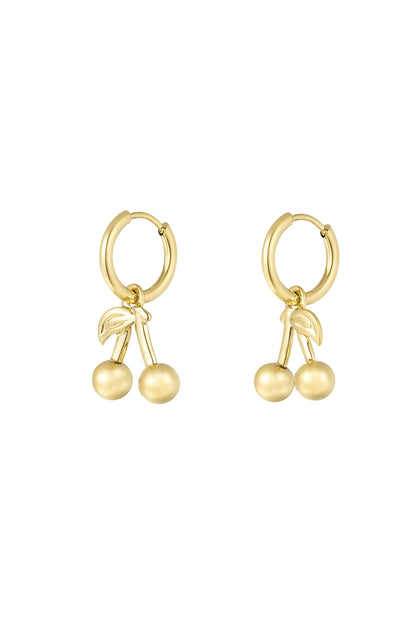 Gold-tone hoop earrings with cherry-shaped dangling charms made of stainless steel