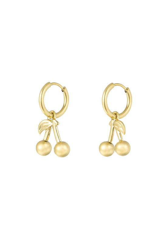 Gold-tone hoop earrings with cherry-shaped dangling charms made of stainless steel