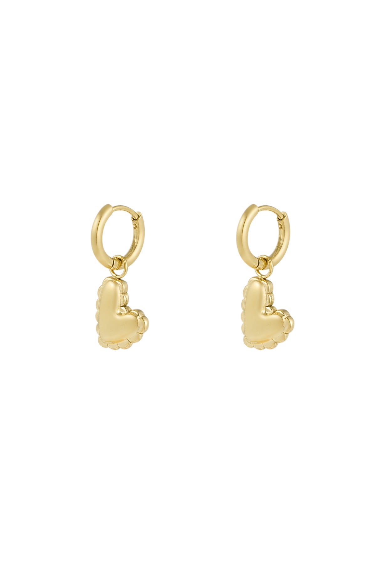 Close-up of gold heart charm drop earrings with scalloped puffed heart design against white background