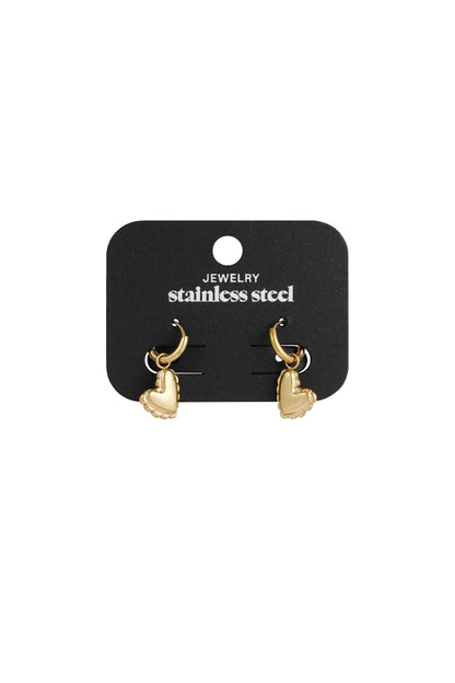 Gold heart charm drop earrings displayed on black card labelled 'Jewelry stainless steel'