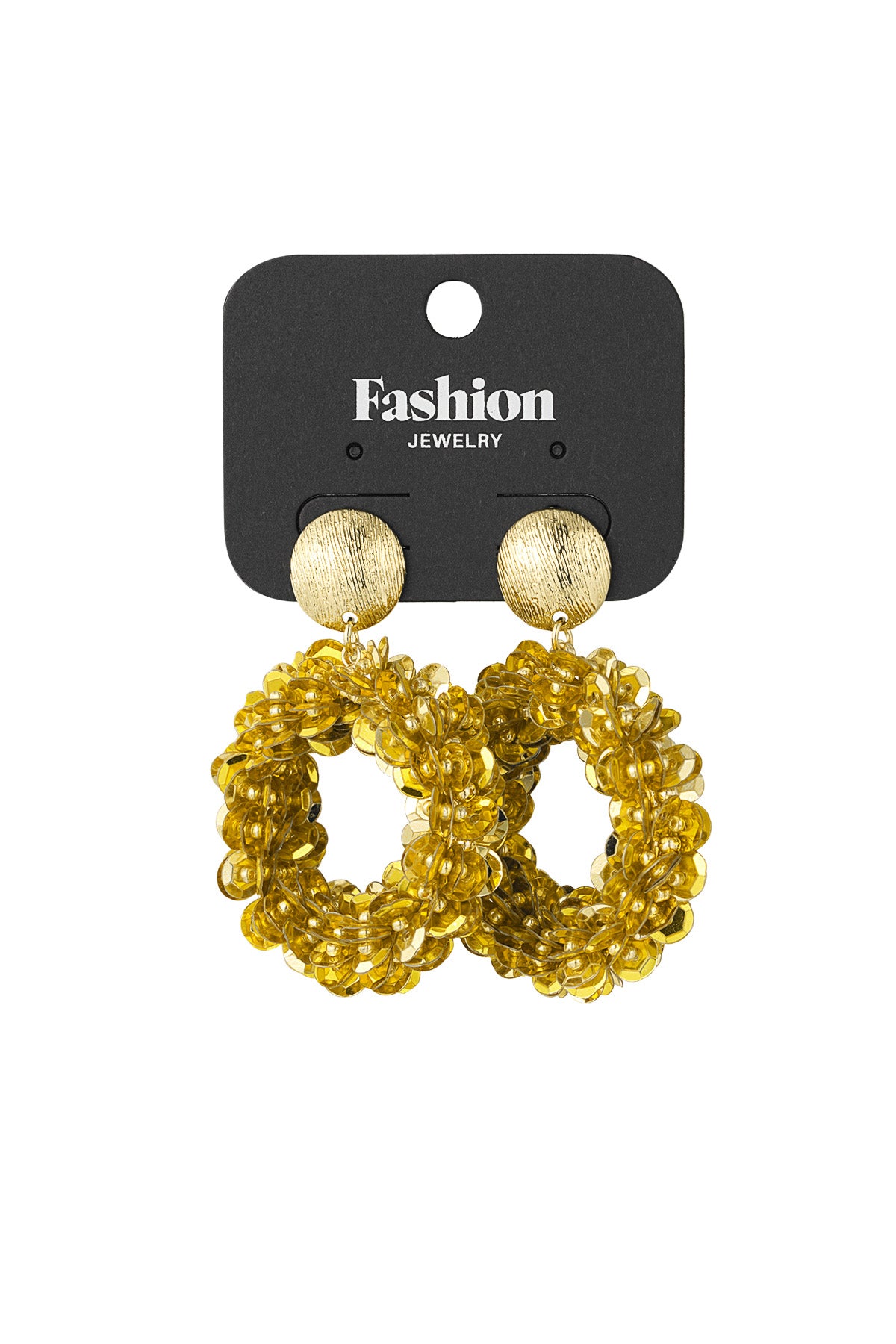 Golden sequined hoop earrings displayed on black Fashion Jewelry card