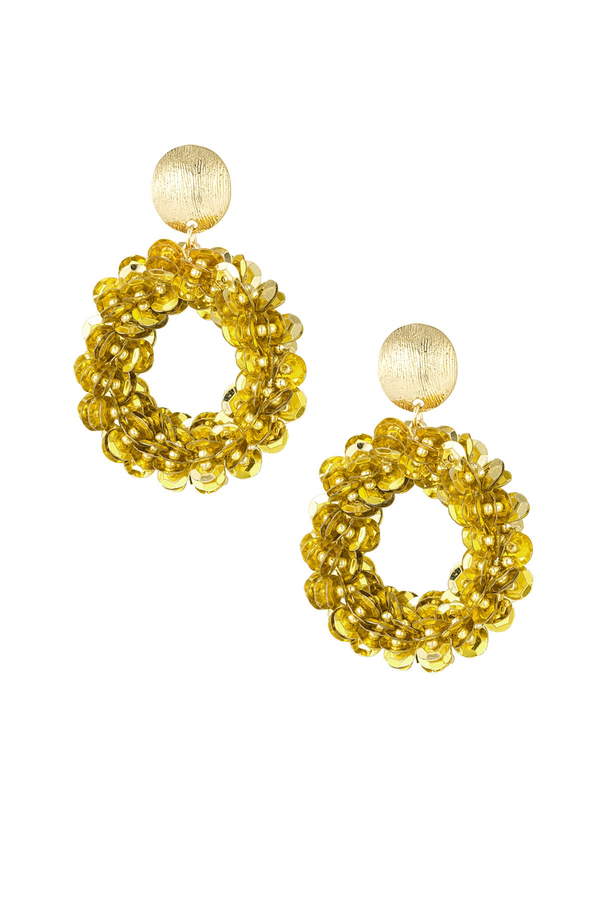 Pair of golden sequined circular hoop drop earrings with textured gold stud tops