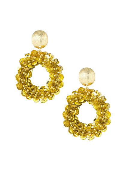 Pair of golden sequined circular hoop drop earrings with textured gold stud tops