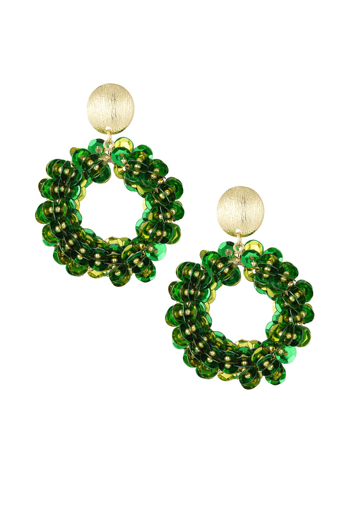 Green sequined hoop earrings with textured gold stud tops displayed on white background