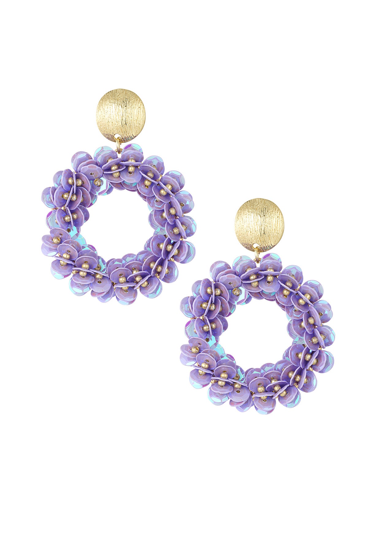 Lavender sequin hoop earrings with textured gold stud tops on white background