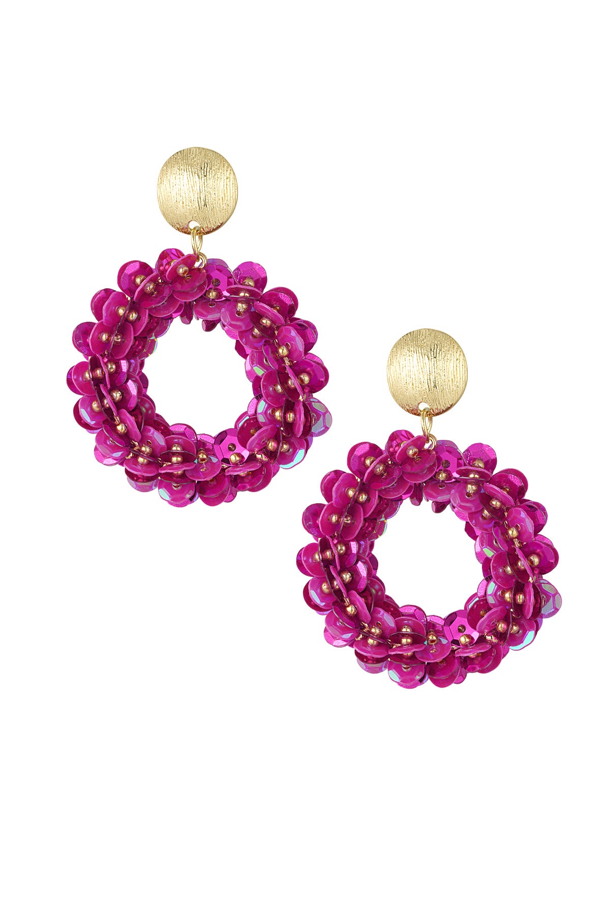 Bright fuchsia sequin hoop earrings with textured gold stud tops on white background