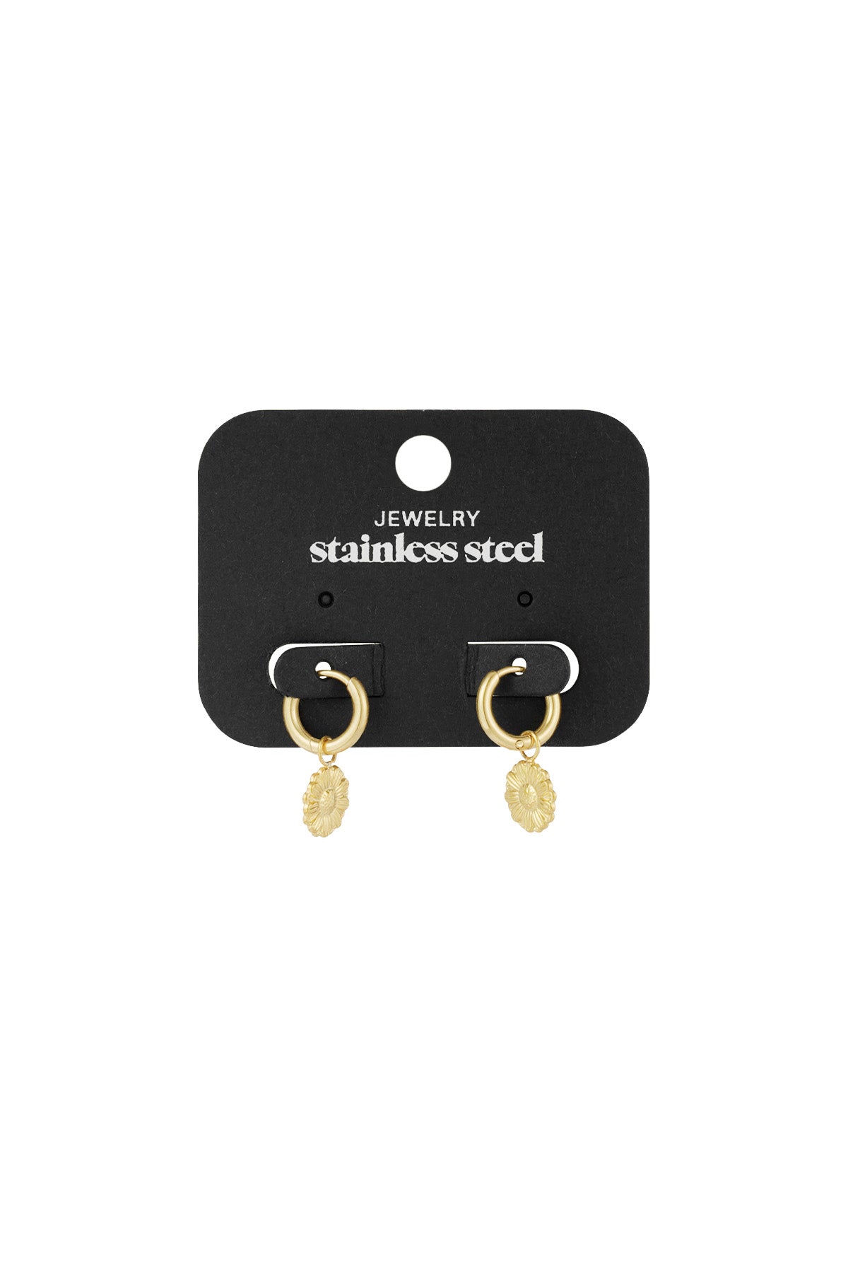 Gold daisy charm hoop earrings displayed on a black card labeled stainless steel