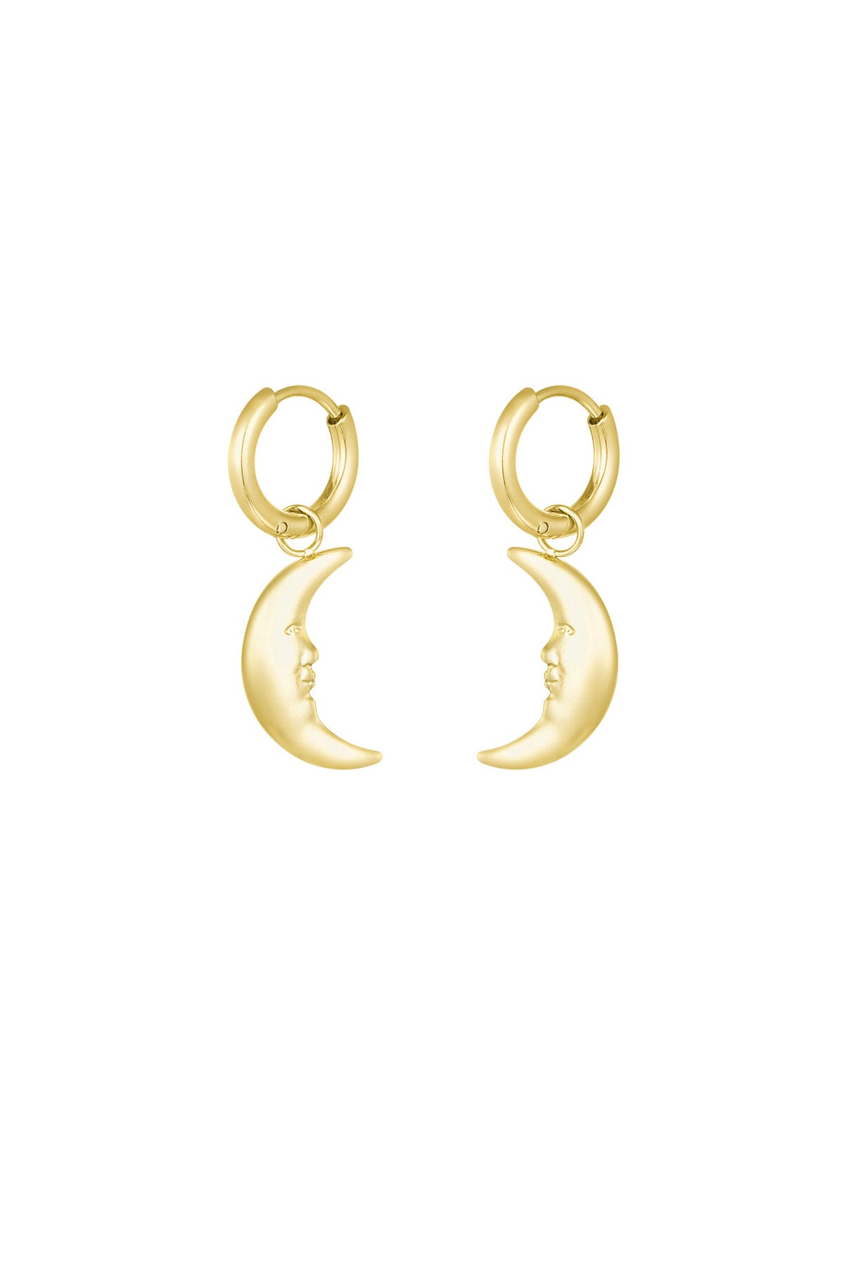 Pair of gold crescent moon face dangling hoop earrings on white background