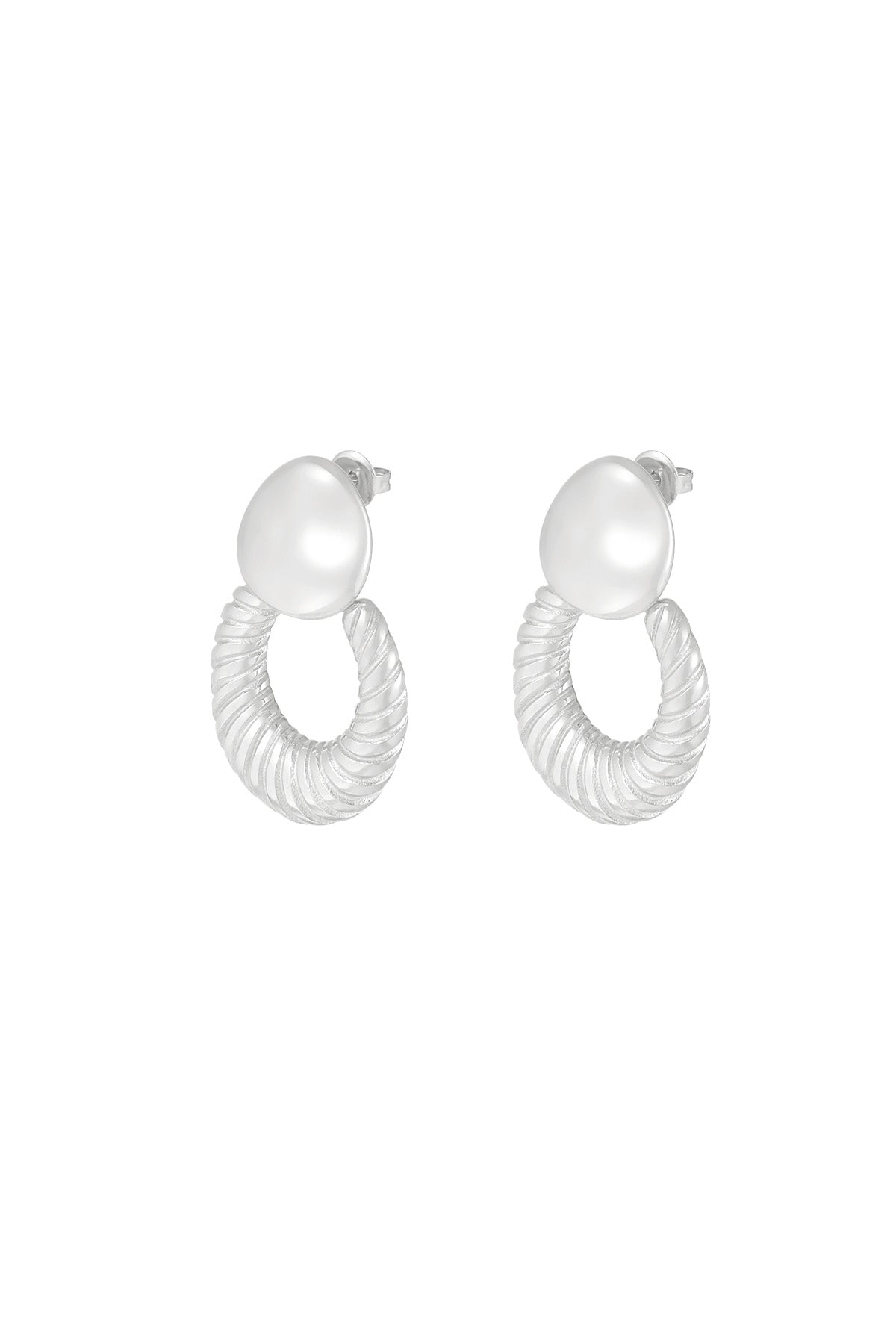 Pair of silver textured hoop stud earrings with smooth pebble-shaped studs on white background
