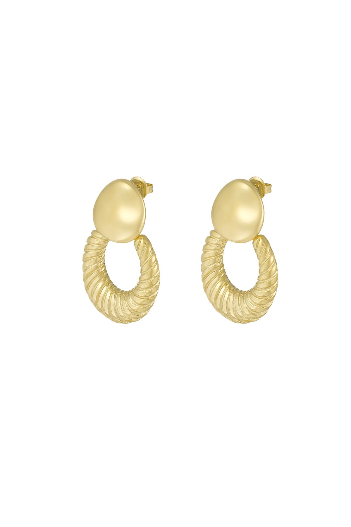 Pair of gold textured hoop stud earrings with smooth pebble-shaped studs on white background
