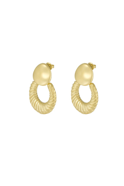 Pair of gold textured hoop stud earrings with smooth pebble-shaped studs on white background