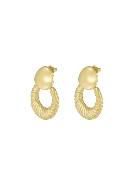 Pair of gold textured hoop stud earrings with smooth pebble-shaped studs on white background