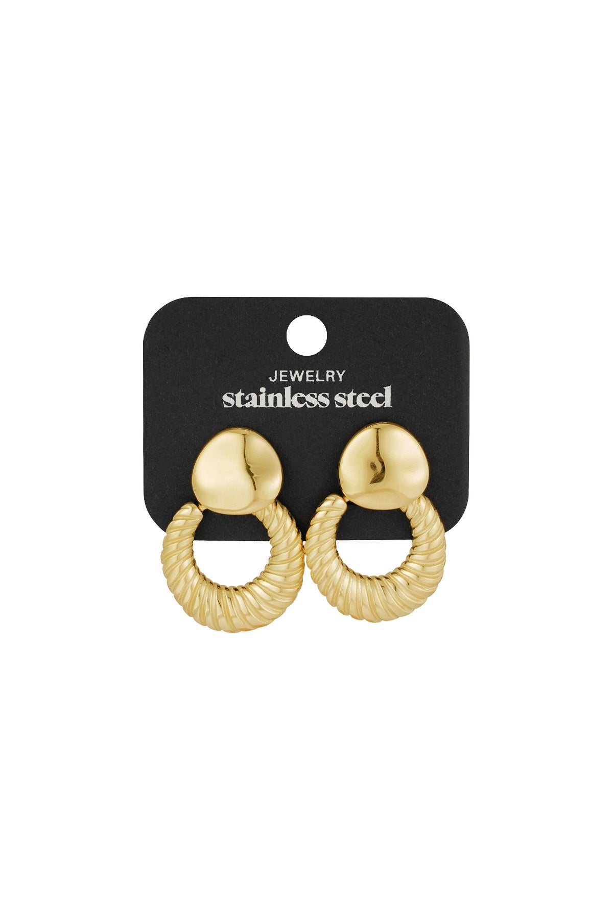 Gold textured hoop stud earrings displayed on black card labeled 'stainless steel jewelry'