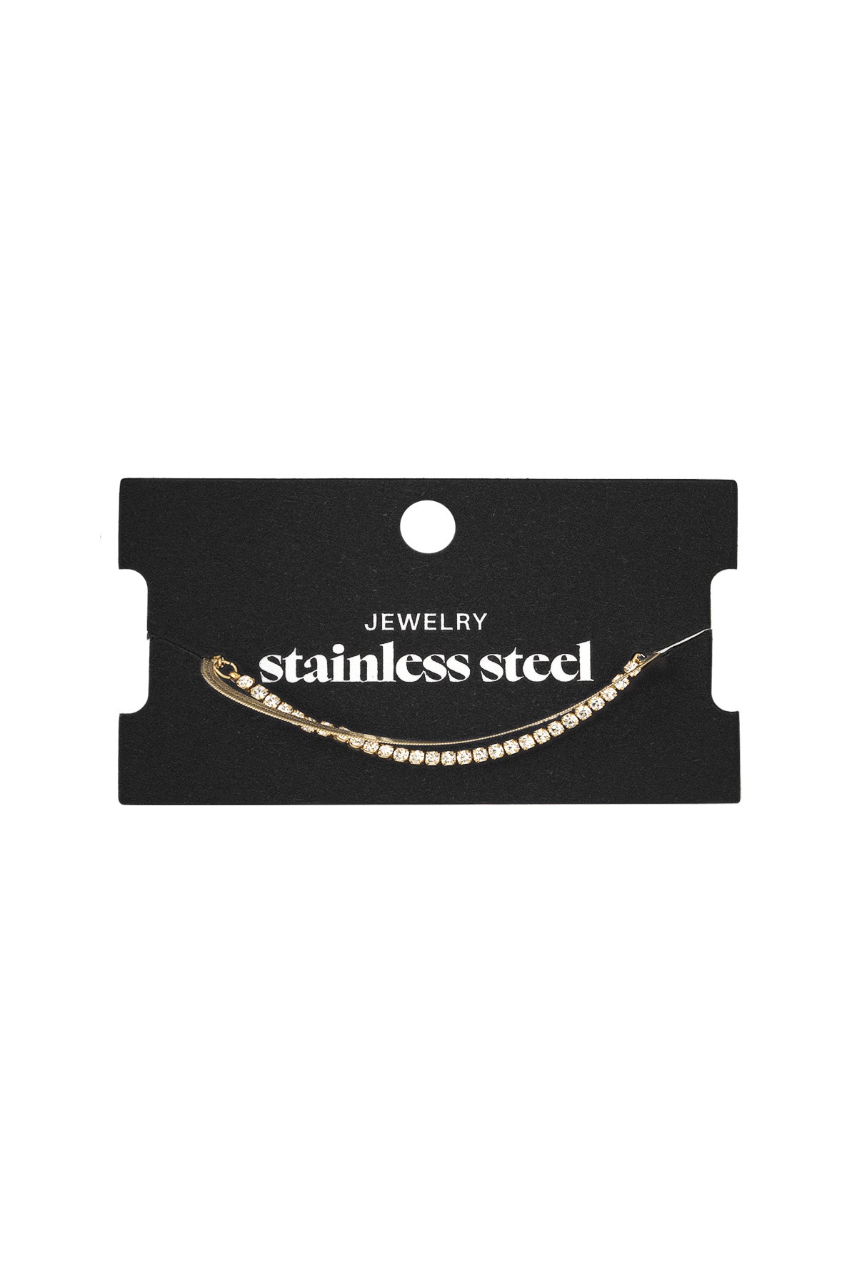 Gold tone crystal bracelet displayed on black card packaging labeled 'stainless steel jewelry'