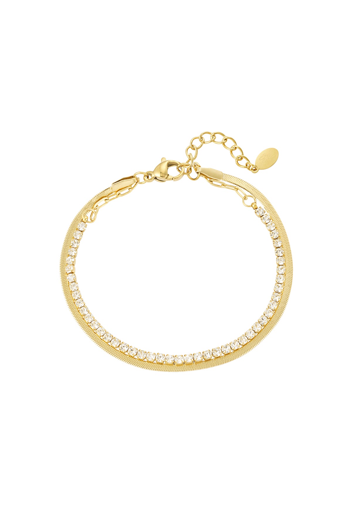 Gold tone double-layer bracelet with clear crystals and polished chain on white background