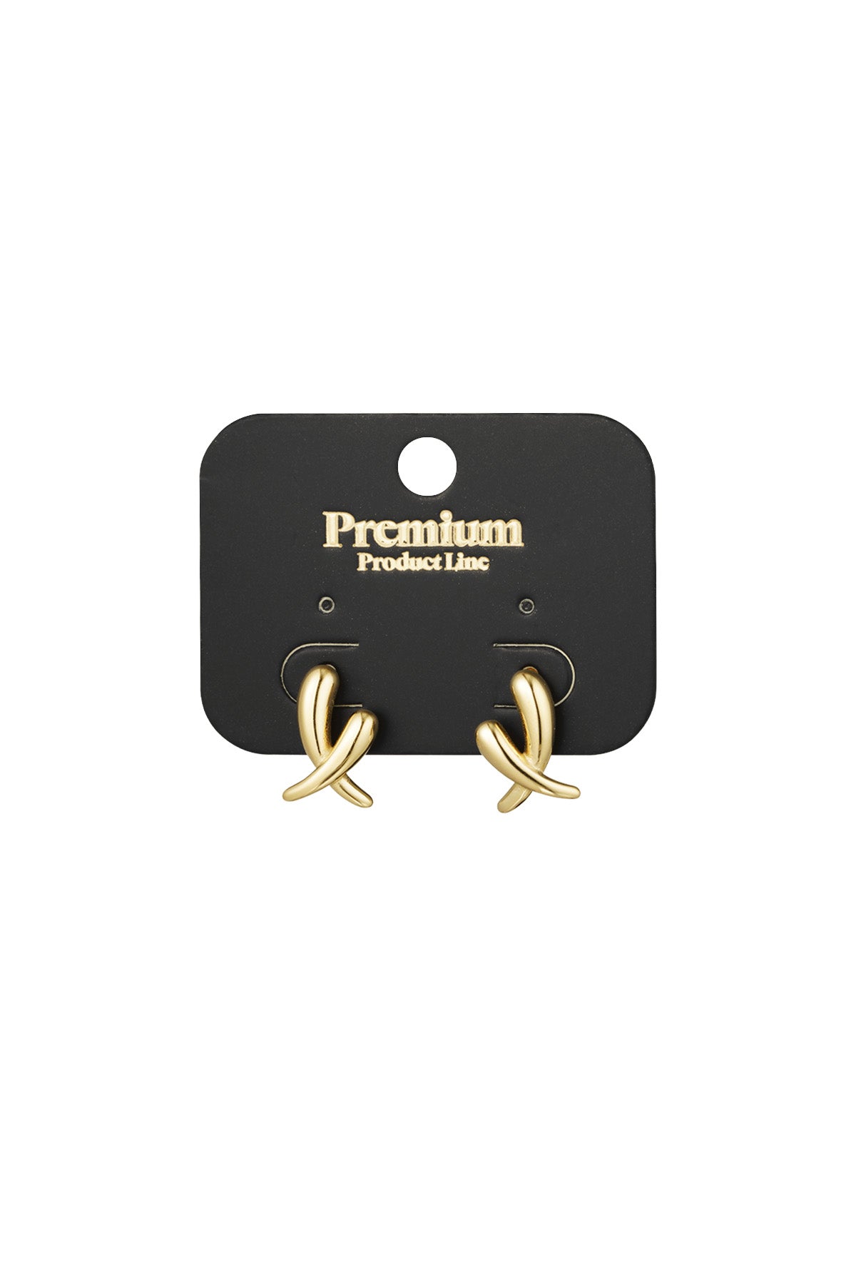 Pair of gold crossed stud earrings displayed on a black Premium Product Line card