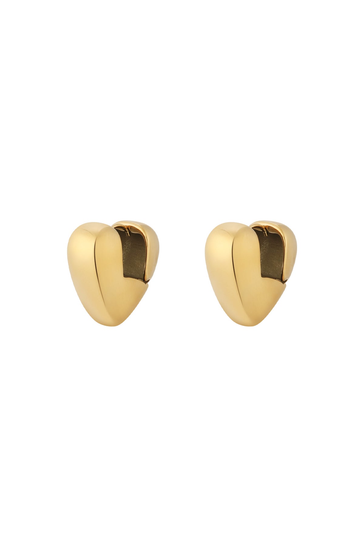 Pair of chunky gold heart-shaped hoop earrings with smooth polished finish isolated on white