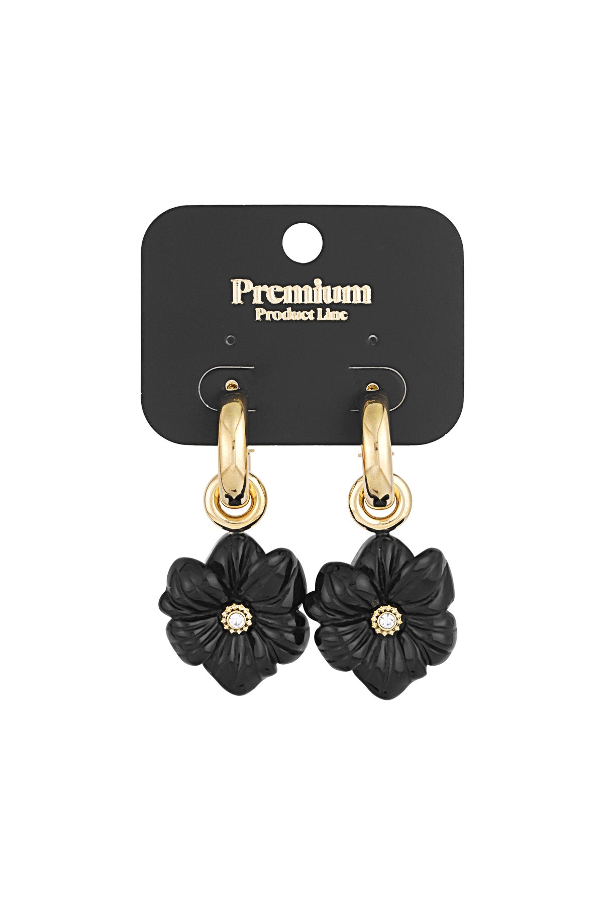 Gold-tone hoop earrings with black flower charm displayed on a black Premium Product Line card