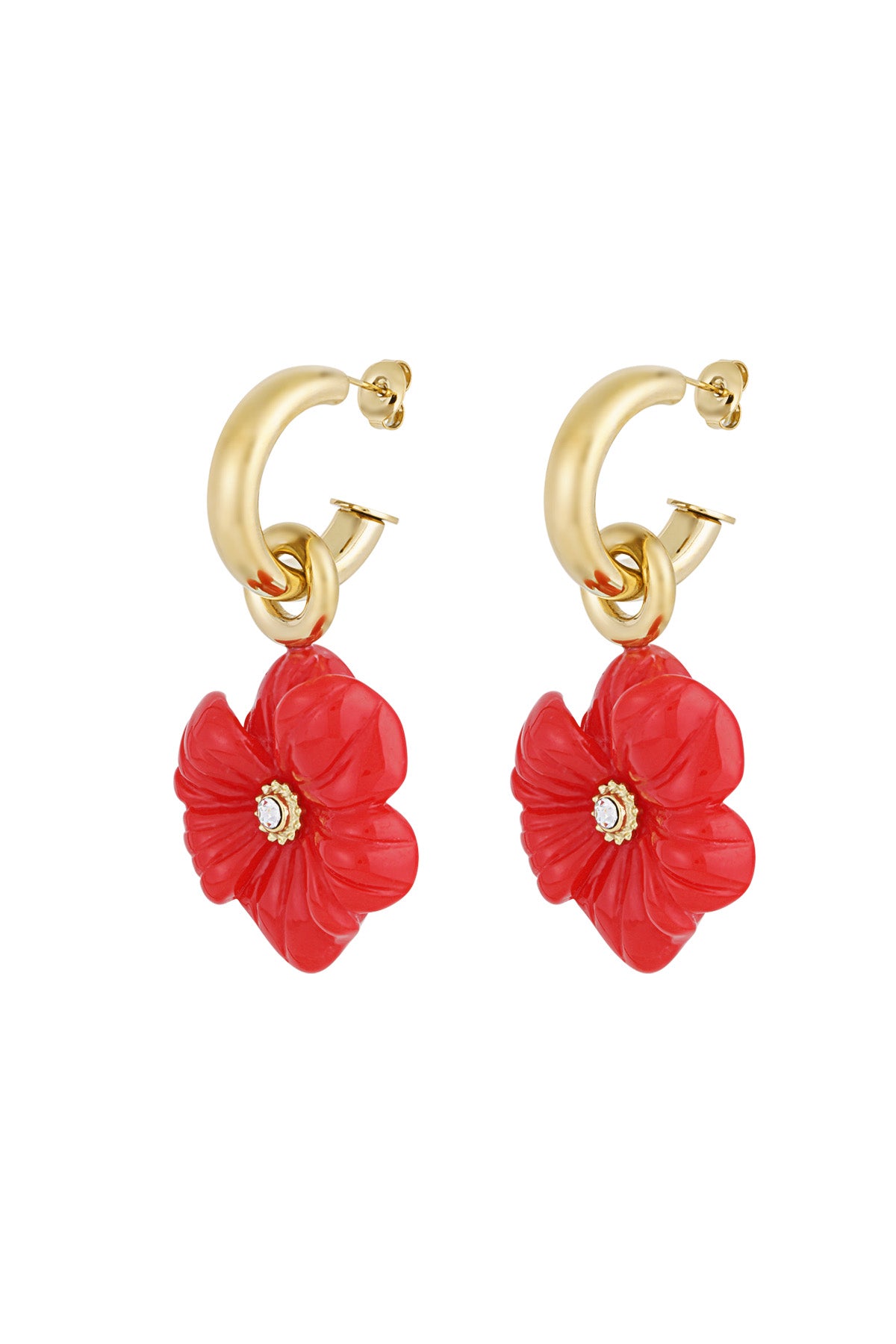 Pair of gold-tone hoop earrings with red flower charm and rhinestone center on white background