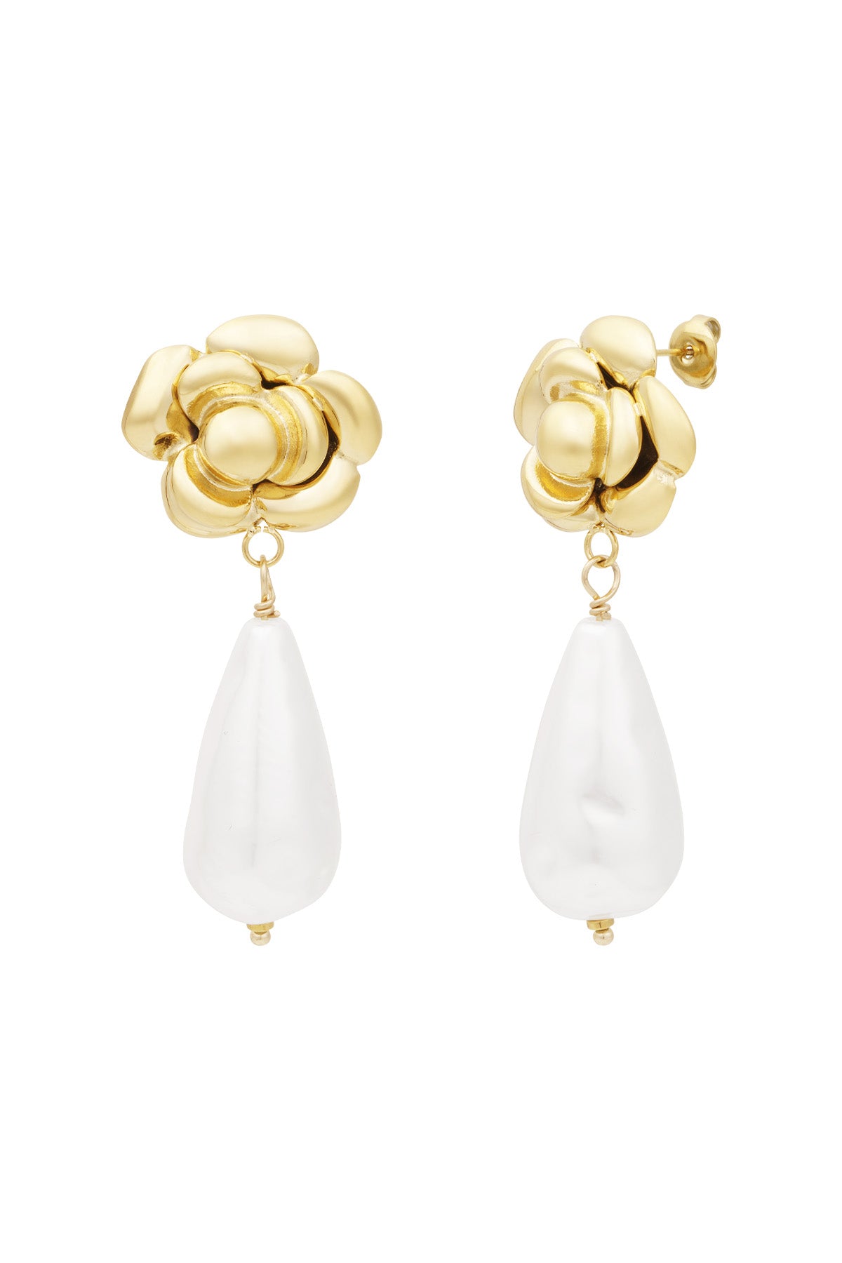 Close-up image of gold rose-shaped drop earrings with white teardrop pearls against a white background
