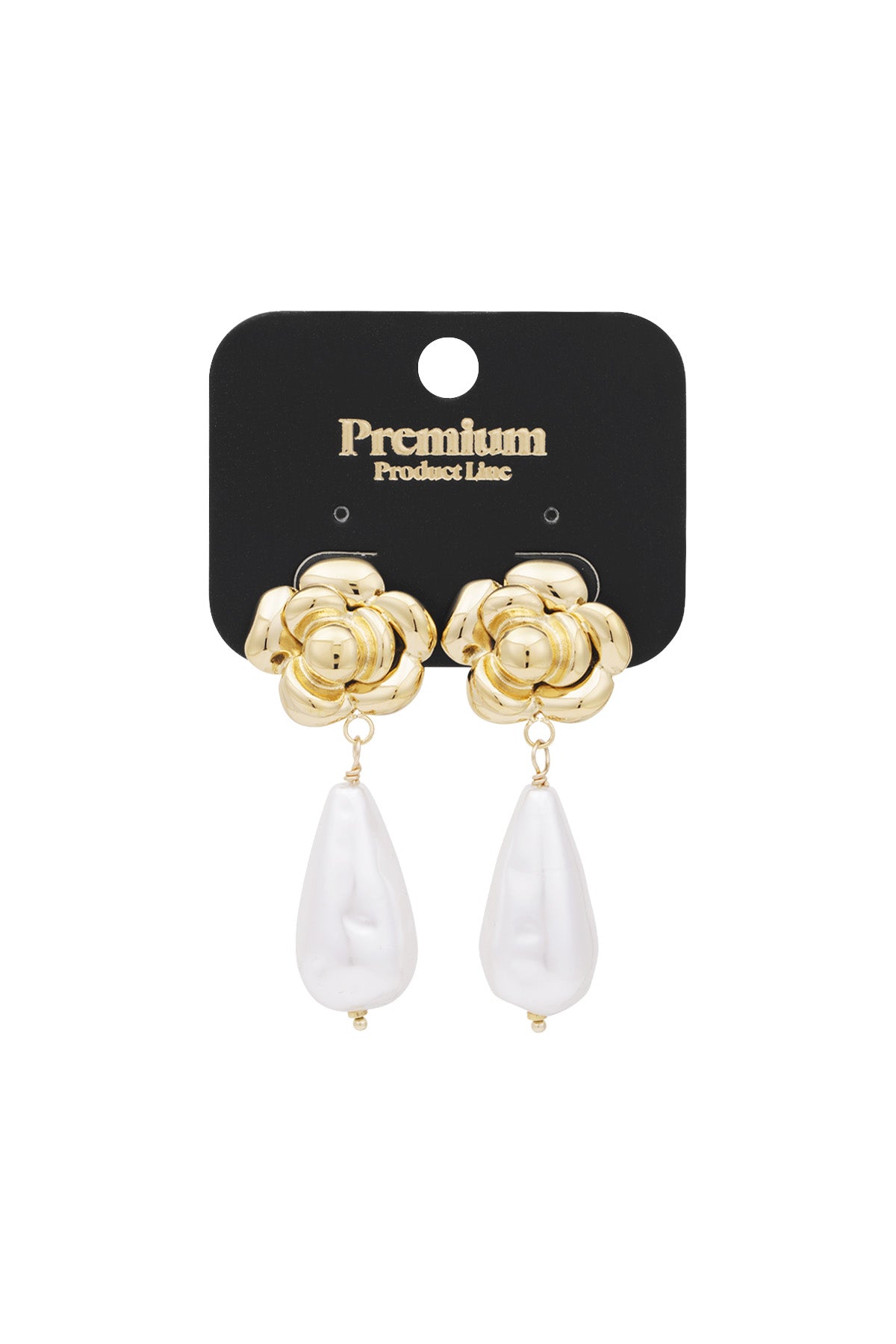 Gold rose drop earrings displayed on a black 'Premium Product Line' card