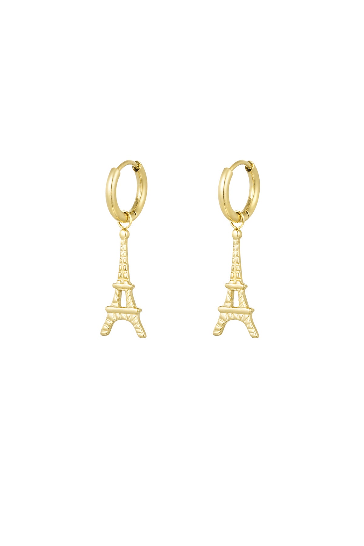Pair of gold Eiffel Tower drop earrings on white background