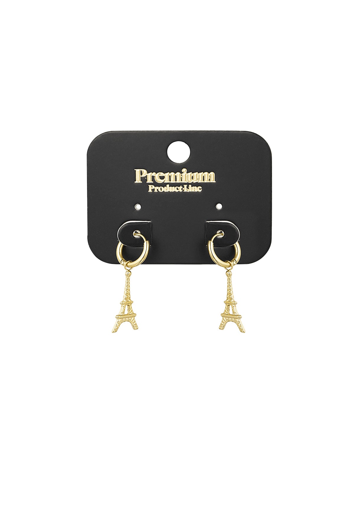 Gold Eiffel Tower drop earrings displayed on a black Premium Product Line card