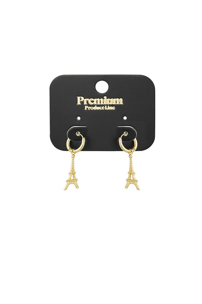 Gold Eiffel Tower drop earrings displayed on a black Premium Product Line card