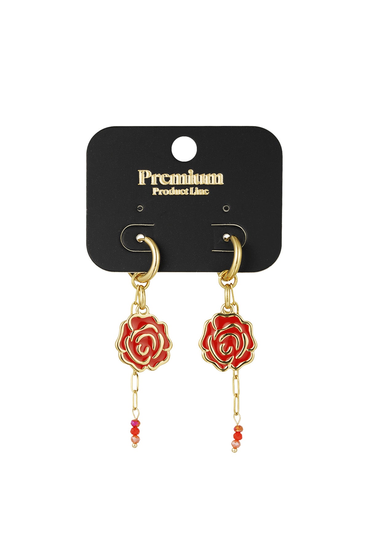 Pair of red enamel rose drop earrings with gold-tone hoops displayed on black premium product line card