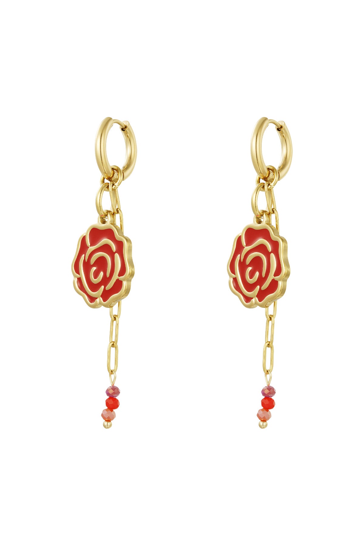 Gold-tone drop earrings with red enamel rose pendants and small dangling red glass beads on a white background