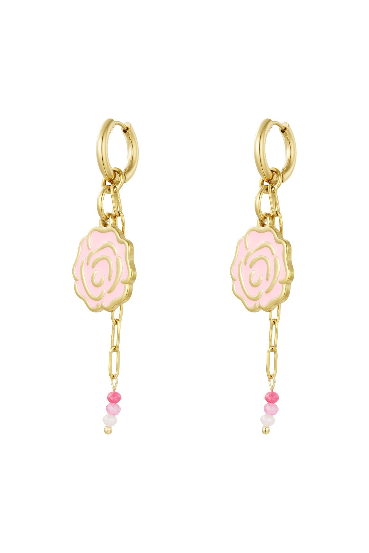 Gold-tone drop earrings with pink enamel rose pendants and small dangling pink glass beads on a white background