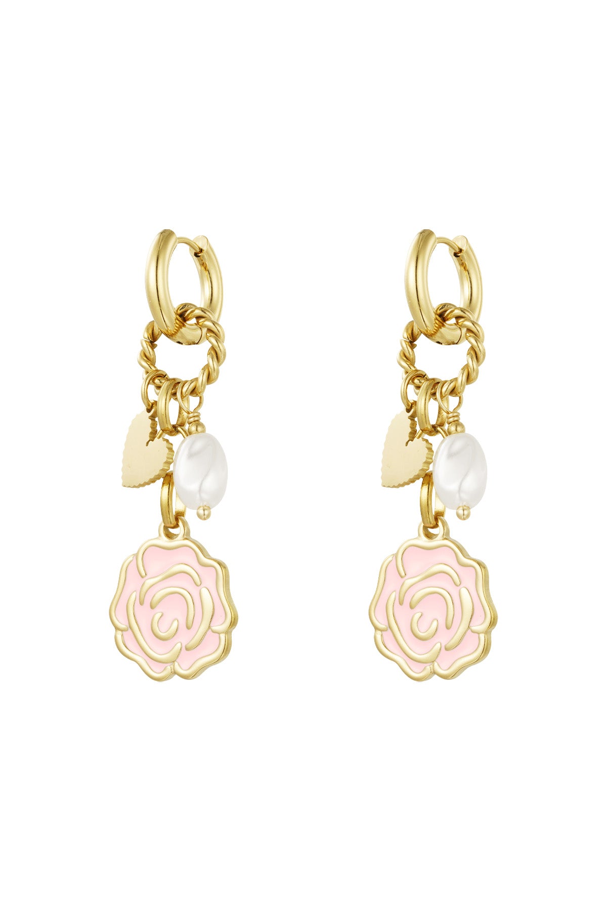 Pair of gold-tone drop earrings with pastel pink enamel rose, faux pearl and heart charms on white background