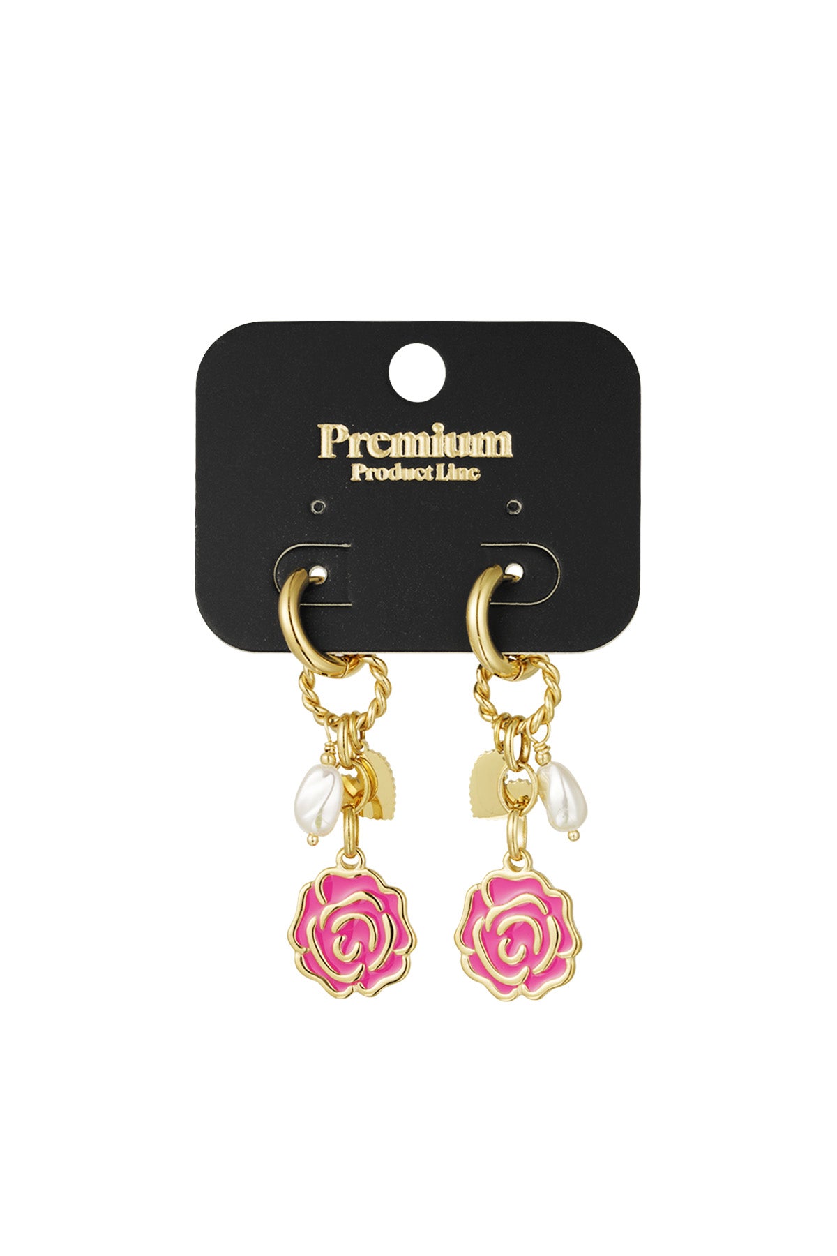 Gold-tone hoop drop earrings displayed on a black Premium Product Line card showcasing pink enamel rose, pearl and heart charms