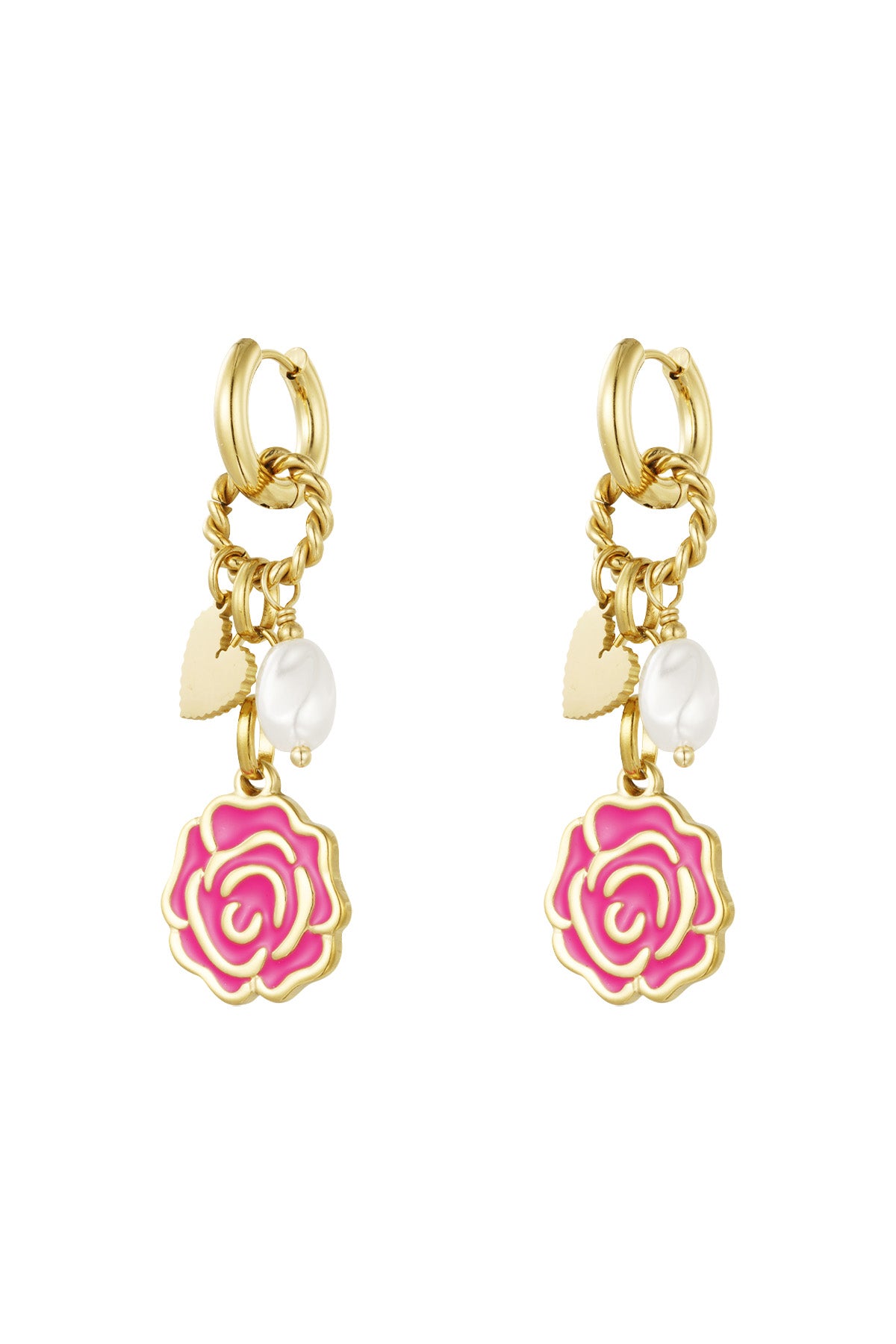 Pair of gold-tone drop earrings featuring twisted hoops with pink enamel rose, pearl and heart charms
