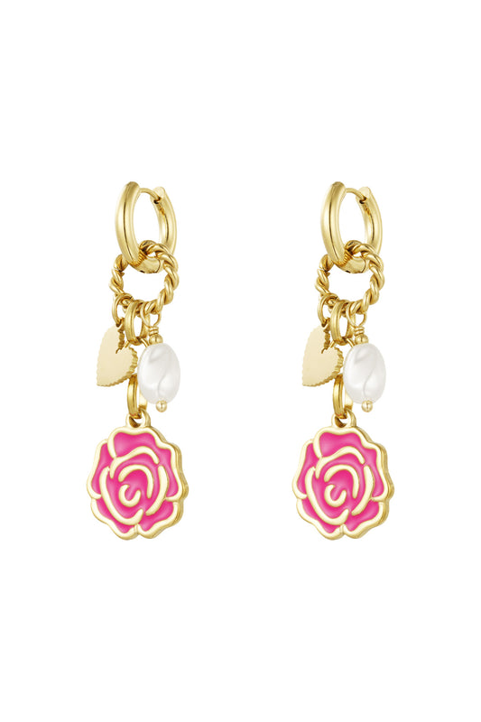 Pair of gold-tone drop earrings featuring twisted hoops with pink enamel rose, pearl and heart charms