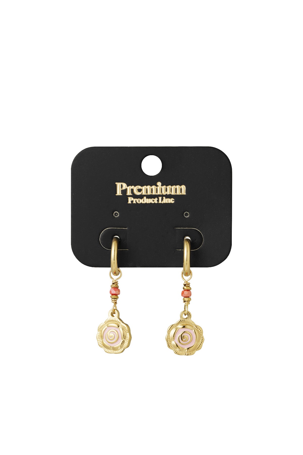 Gold-tone hoop earrings with pink spiral flower charms and coral beads displayed on a black premium product line card