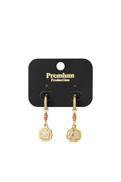 Gold-tone hoop earrings with pink spiral flower charms and coral beads displayed on a black premium product line card
