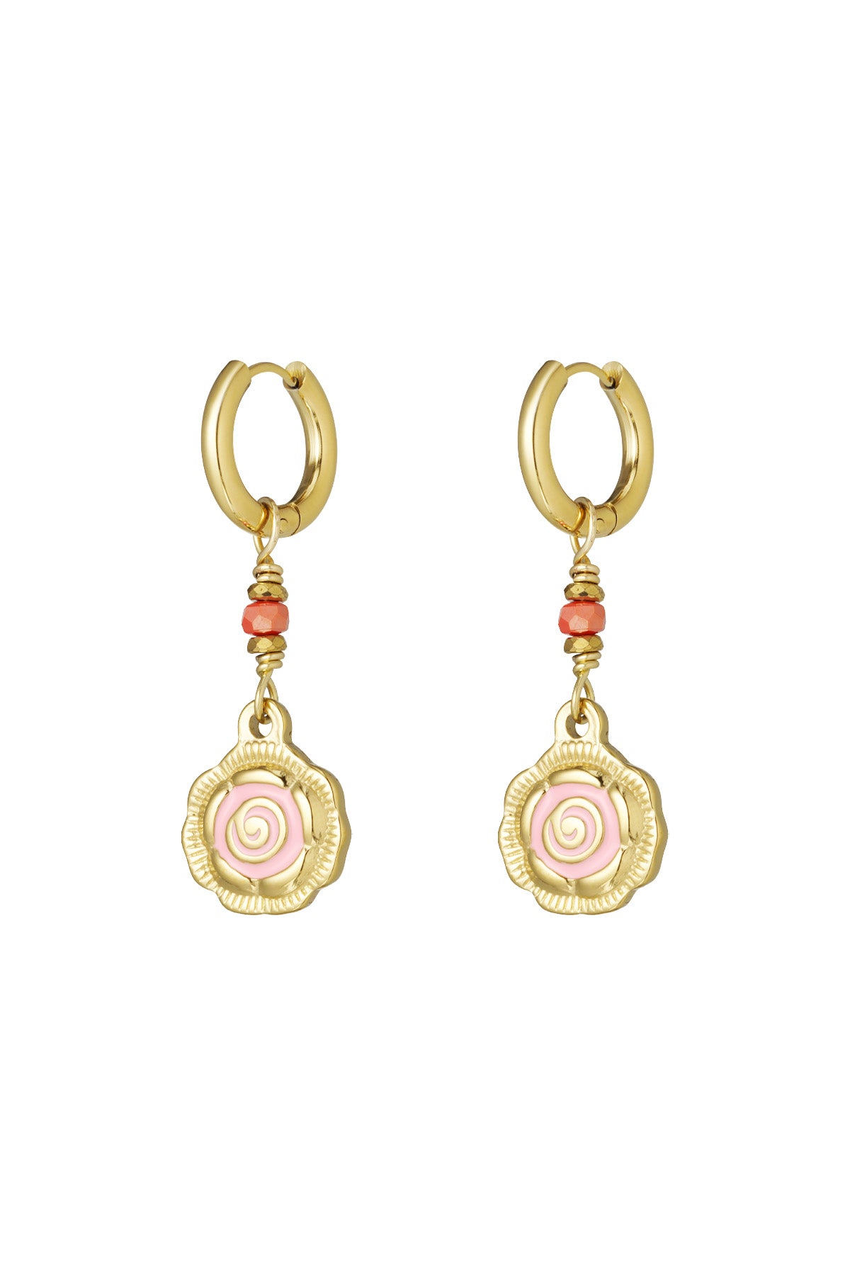 Pair of gold-tone hoop earrings with dangling spiral flower charms in pink and coral beads on white background